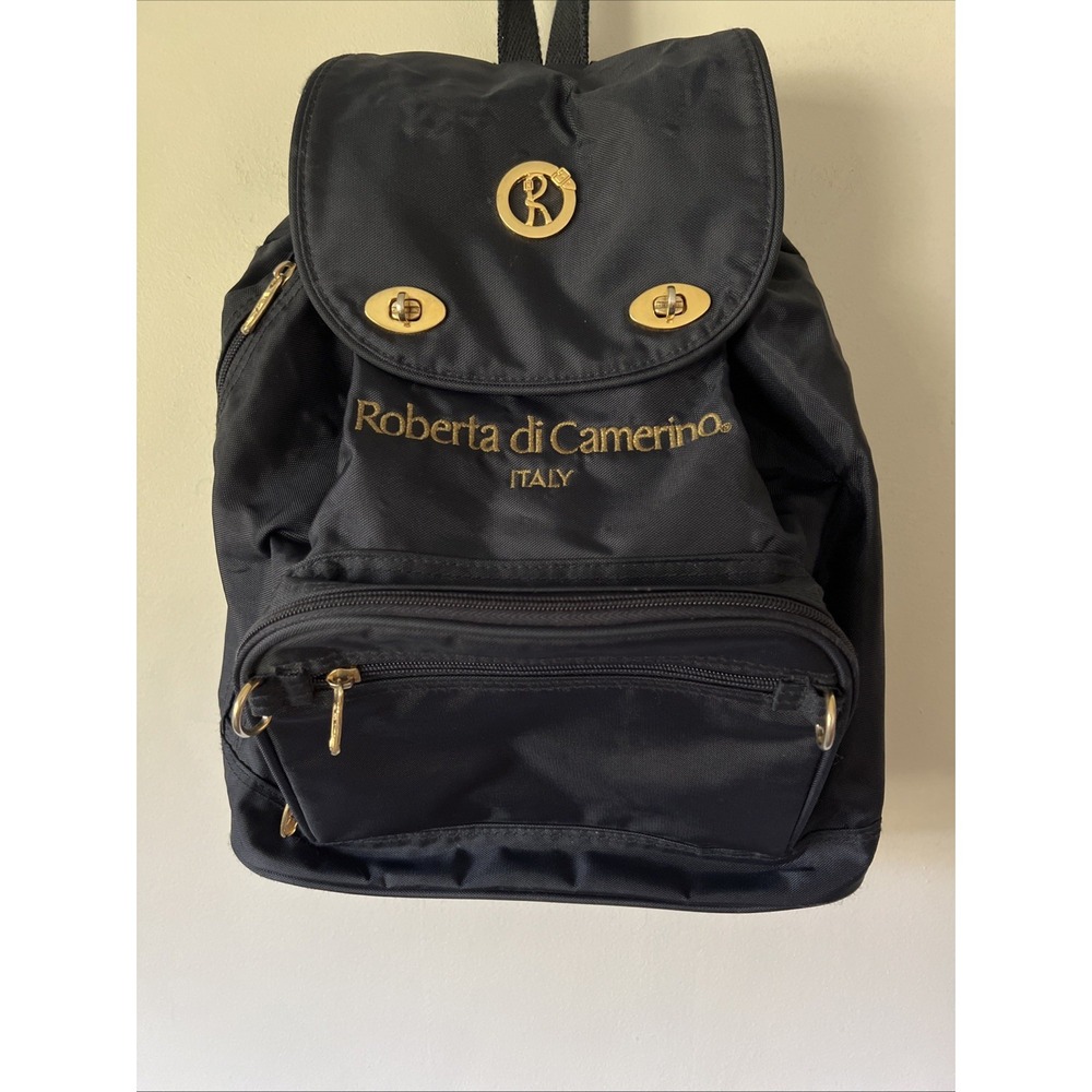 80's Roberta Di Camerino Italian Backpack Vintage Navy Nylon Gold Trim Y2K